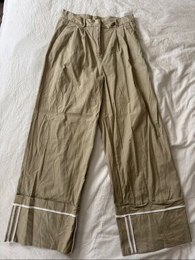 Christian Lacroix Wide-Leg Pleated Khaki Trousers with Cuffed Stripe